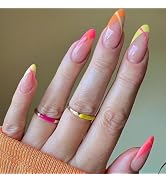 GLAMERMAID French Tip Press on Nails Medium, Nude Pink Fake Nails Short Almond, Jump Color Round ...