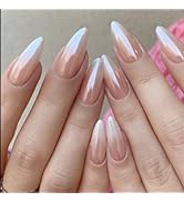 Ombre Chrome Press on Nails Medium Almond Fake Nails Nude Gradient Acrylic False Nails Glazed Des...
