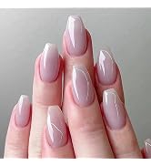 Press on Nails Medium Coffin MABKJLF Fake Nails Pink Full Cover Gradient False Nails with Nail Gl...