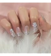 Elevenail Light Pink Purple Bling Silver Glitter Press On False Nails Medium Oval Fake Nails Nude...