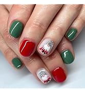 Christmas Fake Nails Short Square Green Red Press on Nails Full Cover Gnome False Nails with Desi...