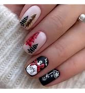 Christmas Press on Nails Short Square SWEKKE Fake Nails Dark Green Full Cover Christmas Tree Bell...