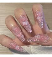 IFMOPETY 24Pcs Long Press on Nails Almond Shaped Fake Nails Nude Pink False Nails Pink Heart Fake...