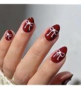 Red Press on Nails Almond Fake Nails Bow False Nails Press ons with Designs 3D Pearl Short Acryli...