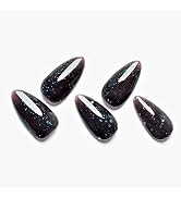 Press On Nails Medium GLAMERMAID, Solid Black Almond Fake Nails with Design Star Glitter Stiletto...