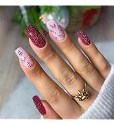 Christmas Press on Nails Long Coffin Winter Fake Nails Wine Red Full Cover Candy Cane False Nails...