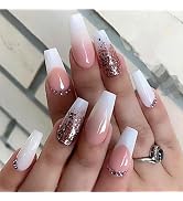 YOSOMK French Tips Press on Nails Medium Coffin Fake Nails Glossy Stick on Nails Full Cover Glue ...