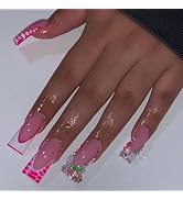 BABALAL Duck Nails Press ons Pink French Tips Press on Nails False Nails with Rhinestone Cherry F...