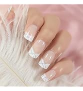 Natural Nude Pink White French Nails Press on False Nails Silver Glitter Line Squoval Fake Nails ...