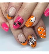 Halloween Press on Nails Short Almond Fake Nails Pink Orange False Nails with Designs French Tip ...