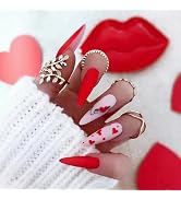 Valentine's Day Press on Nails Long Red Heart Fake Nails Matte Extra Long Stiletto Acrylic Nails ...