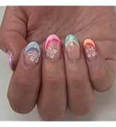 Pastel French Tip Press on Nails Short Oval Fake Nails with White Floral Design Spring Summer Fal...