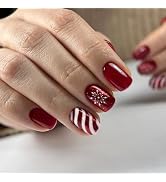 Christmas Press on Nails Short Red Square Shaped Fake Nails Glossy False Nails with Snowflake Can...