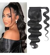 Humistwbiu Ponytail Extension Human Hair Body Wave Ponytail with Magic Paste Warp Around 100% Bra...