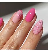 Pink Press on Nails Short Oval SWEKKE French Tip Fake Nails Flower False Nails with Pink Floral D...