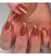 GLAMERMAID Glazed Donut Gloden Press on Nails Medium Almond, Handmade Metal Short Oval Chrome Fak...