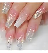 Press on Nails Medium Coffin Bling Fake Nails SWEKKE Pink Gradient Full Cover Glitter False Nails...