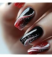 24Pcs Red Curve Line Press on Nails Black Gradient Acrylic Medium Square Fake Nail White Road Gel...