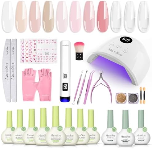 MelodySusie Gel Nail Polish Kit with UV Nail Lamp - Handheld UV Light Christmas Gift for Women Plant Based Hema Free Pink Gel Polish Set with No Wipe Glossy Top Coat Base Coat Builder Manicure Tools