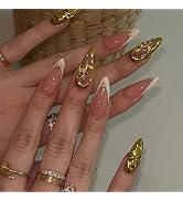 BABALAL Press on Nails Medium Almond Fake Nails Gold Chrome Glue on Nails with Gold Rose Charm Ac...