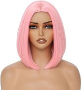 Pink Bob Wig for Women 12 Inch Straight Pink Wigs Middle Part Heat Resistant Synthetic Wig
