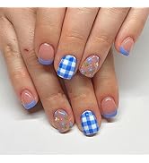 Cute Press on Nails Square Fake Nails with Bee and Flower Designs Stick on Nails Full Cover Blue ...