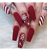Christmas Press on Nails Long Coffin SWEKKE Fake Nails Dark Red Full Cover White Snow Swirl False...