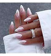 French Tips Fake Nails Medium Almond Press on Nails Chrome Press ons with Glossy Pearl Powder Ful...