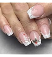 Christmas White French Tip Press on Nails Short Square Fake Nails with Xmas Tree Design Glitter P...