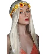 ALLAURA – Flower Headband Costume – Hippy Wigs for Women 70s Costume + Removable Flower Headband ...
