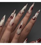 Halloween Press on Nails Long Stiletto SWEKKE Fake Nails Red Blood White Full Cover False Nails w...