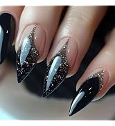 French Tip Press on Nails Black Glitter Fake Nails Long Stiletto False Nails Almond Glue on Nails...