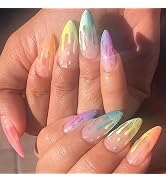 BABALAL Stiletto Almond Press-on Nails, 24Pcs Long French Tip, Rainbow Ice Cream Design, Acrylic ...