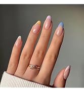 French Tips Press on Nails Medium Almond Fake Nails Nude Pink False Nails with Colorful Design Gl...