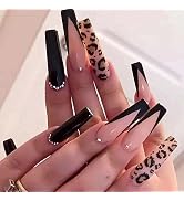 ANDGING Press on Nails Medium Length Coffin, Fake Nails for Women with Black Pink Leopard Bling R...