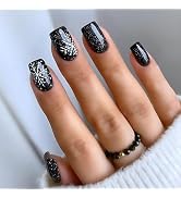 Christmas Press on Nails Medium Square Winter Fake Nails Black Full Cover White Snow False Nails ...