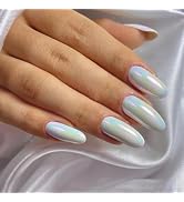 White Press on Nails Medium Almond Fake Nails Chrome False Nails with Design Glitter Glossy Full ...