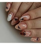 24 Pcs Halloween Almond Press on Nails Short Nail Tips,YEFIUO Acrylic Nail Kit Fake Nails Press o...