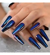 EchiQ Chrome Diamond Blue Press On Fingernails Coffin Metallic Mirror Holo Fake Nails Extra Long ...