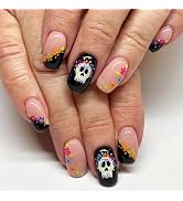 Halloween Press on Nails Short Square Fake Nails Black&Pink False Nails with Design Cute Skull Gl...