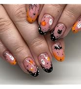 Halloween Nails Medium French Tip Press on Nails Almond Fake Nails Press ons Nude Pink False Nail...