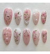 BABALAL Almond Press on Nails Medium Fake Nails Pink Glue on Nails Flower Heart Charm Design Acry...