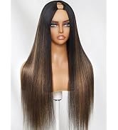 Julia Hair V Part Glueless Wig Human Hair Yaki Straight Highlight Balayage Ombre Brown Upgrade U ...