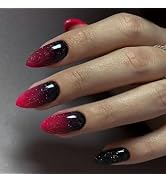Short Press on Nails Almond Halloween Fake Nails Rose Red Black Ombre Glossy Glue on Nails Stilet...