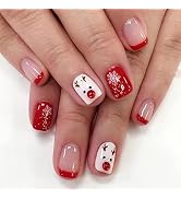 Christmas Short Square Fake Acrylic Nails with Red French Tip, Snowflake Designs, and Winter Xmas...