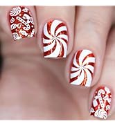 Christmas Press on Nails Short Square Fake Nails with Candy Swirl Designs Xmas Winter White Red G...