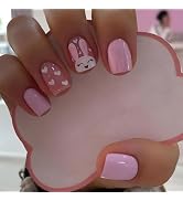 Easter Nails Pink Press on Nails Short Square Fake Nails with Designs Cute Bunny Heart Full Cover...