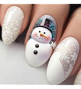 Christmas Winter Press on Nails Medium Almond Fake Nails Full Cover White Snowflake Snowman with ...