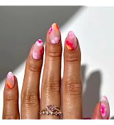 BABALAL Press on Nails Medium Almond Fake Nails Pink Glue on Orange Flower Summer False Nails 30P...