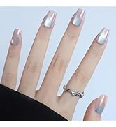 Chrome Press on Nails Short Square Fake Nails Glossy Aurora False Nails with Design Full Cover Ar...